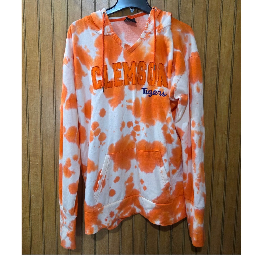 Colosseum Clemson Tigers Tie Dye V-Neck Hoodie Orange Pullover Sweatshirt‎ XL